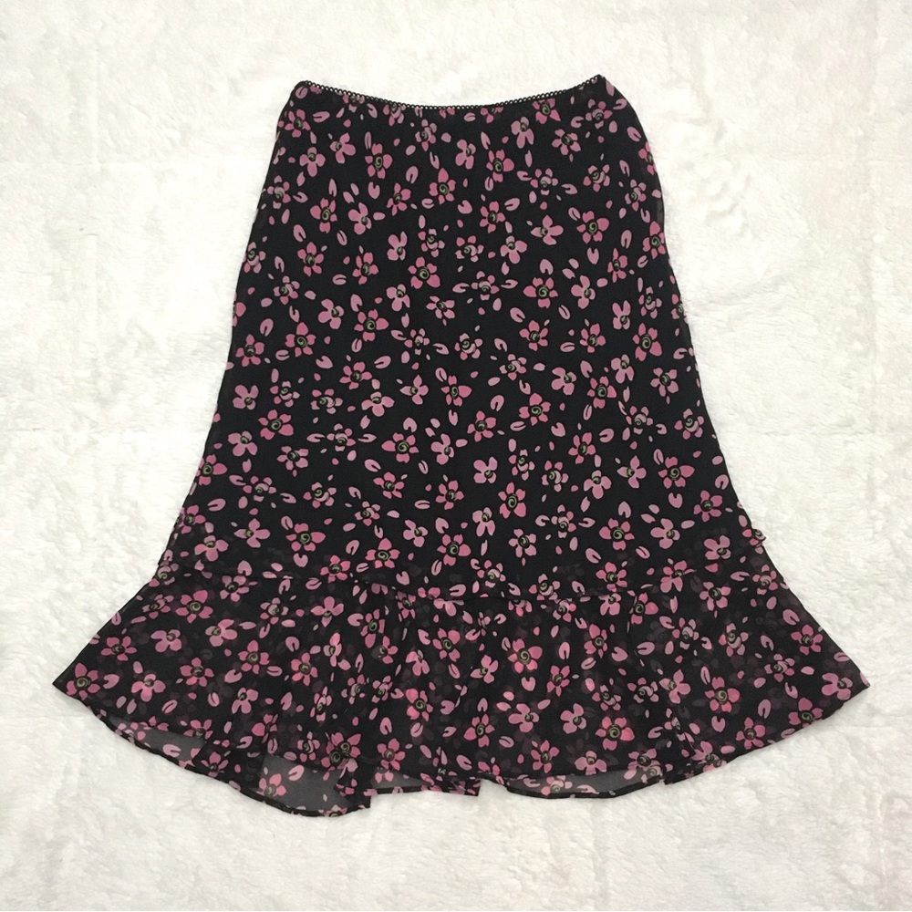 90s Y2K Vintage Casual Corner Black Pink Floral Layered Midi Skirt